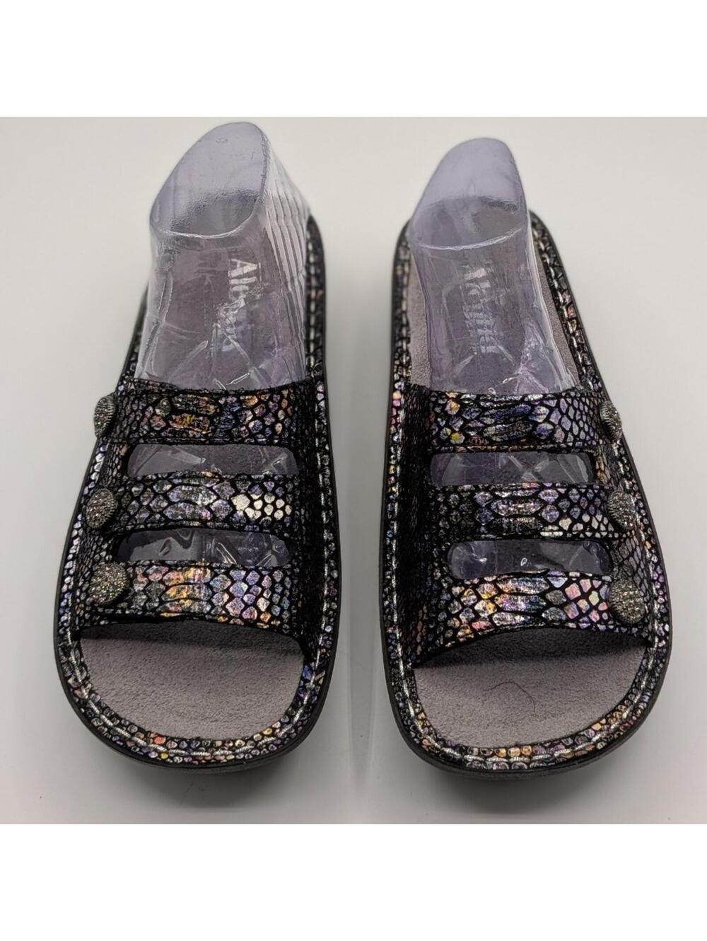 Alegria By PG Lite EU 37 Multicolor Metallic Leather Triple Strap Slide Sandals